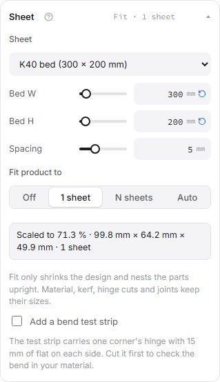 The Sheet section with Fit product to set to 1 sheet